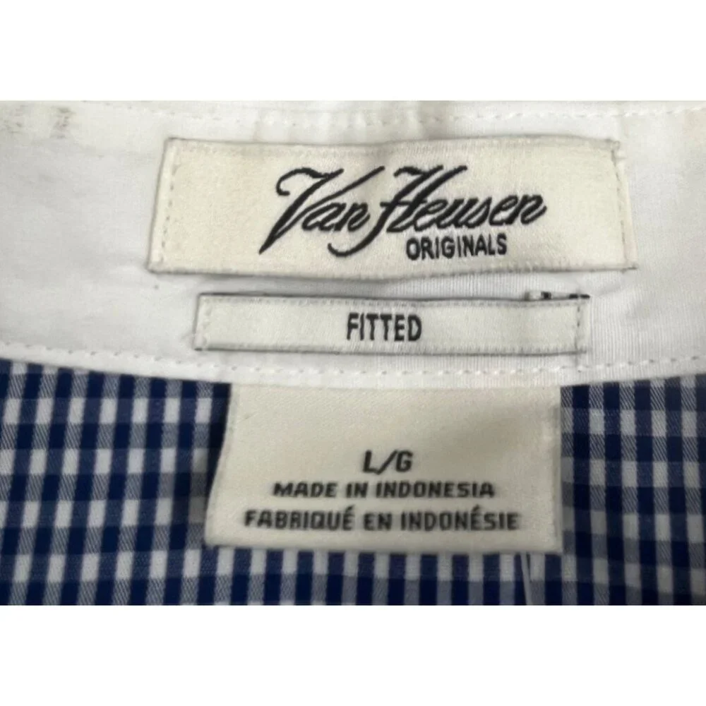 Van Heusen Shirt Men Large Blue Gingham Check Fitted Long Sleeve Button Down Top - Picture 3 of 11